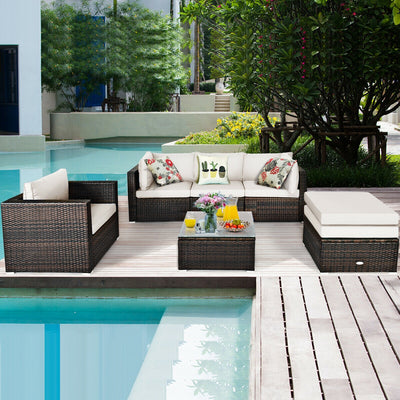 6 Pieces Patio Rattan Furniture Set with Sectional Cushion-WhiteÂ 