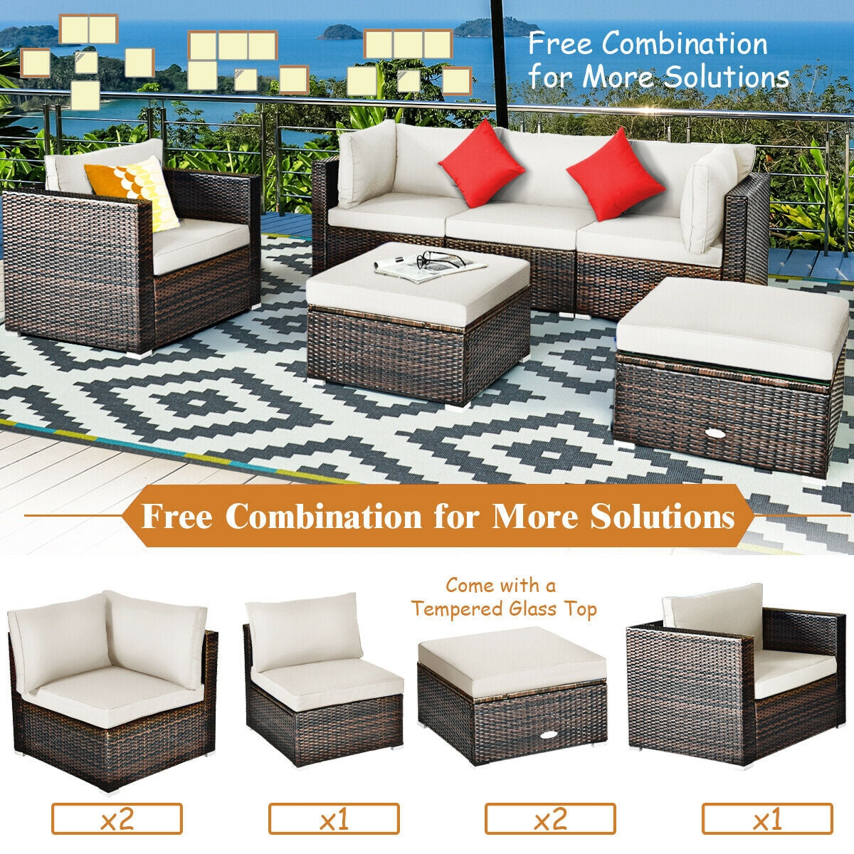 6 Pieces Patio Rattan Furniture Set with Sectional Cushion-White