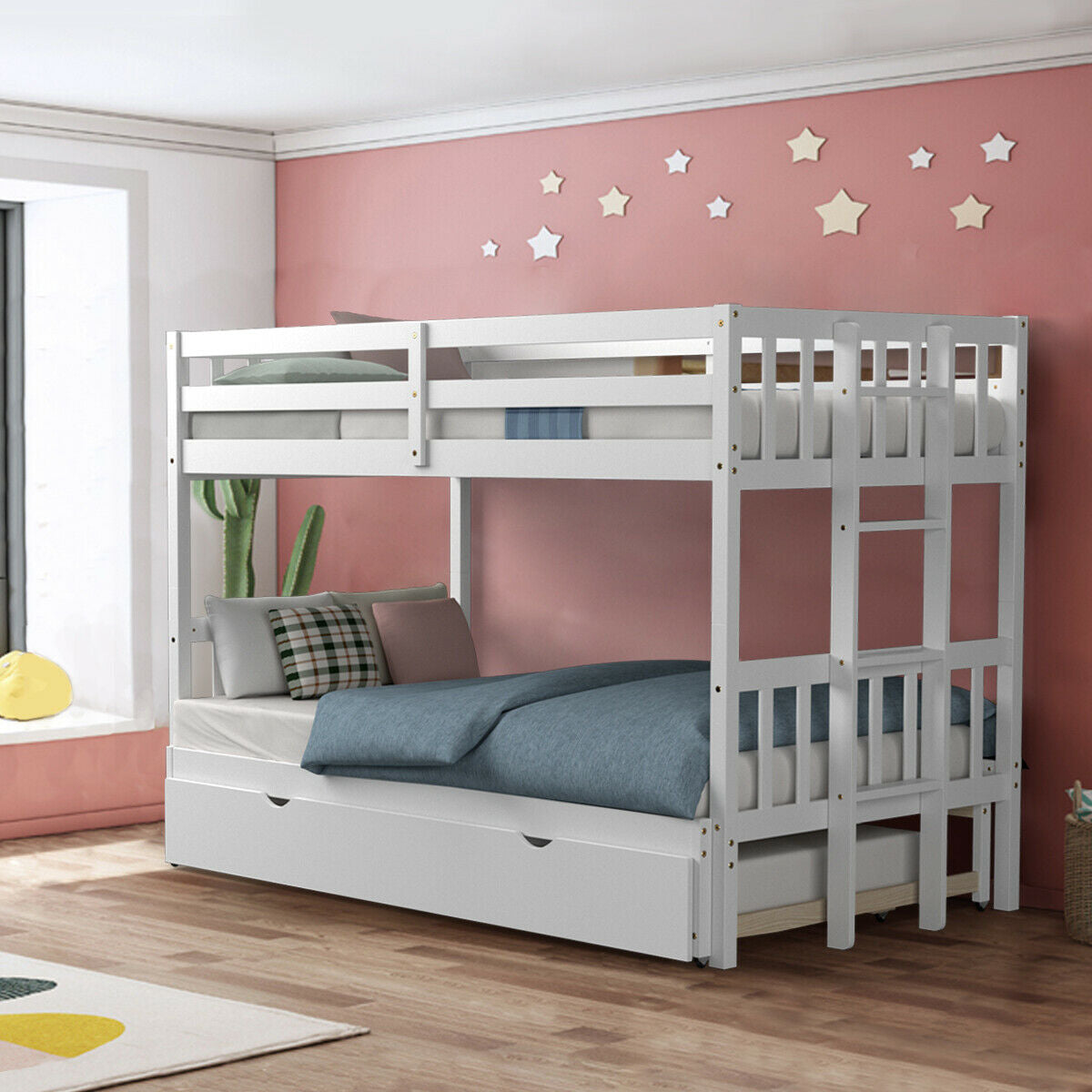 Twin Pull-Out Bunk Bed with Trundle Wooden Ladder-White