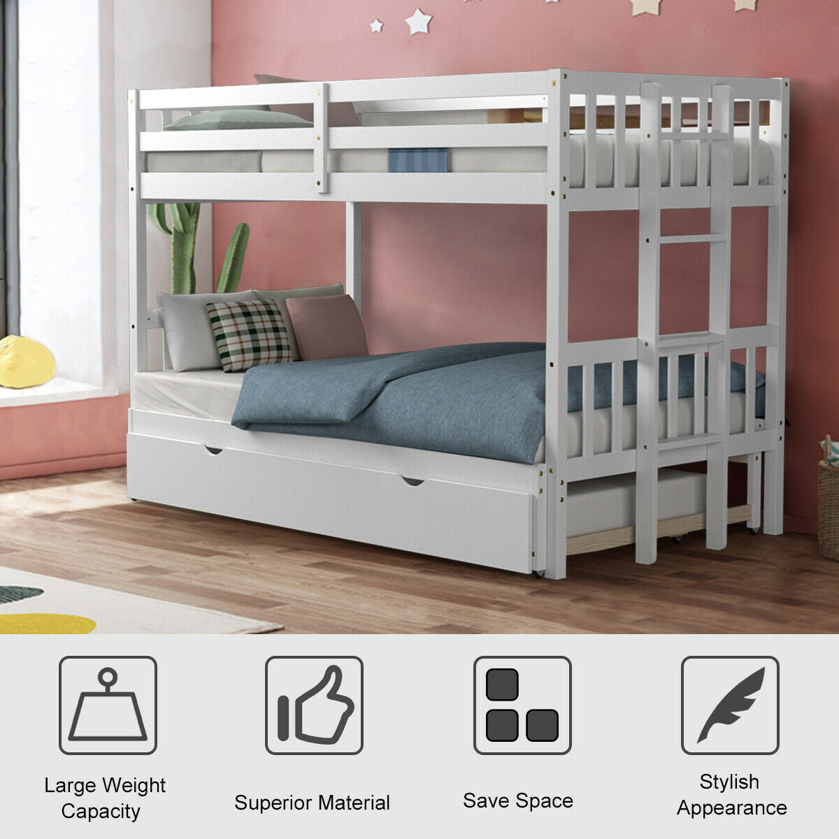 Twin Pull-Out Bunk Bed with Trundle Wooden Ladder-White