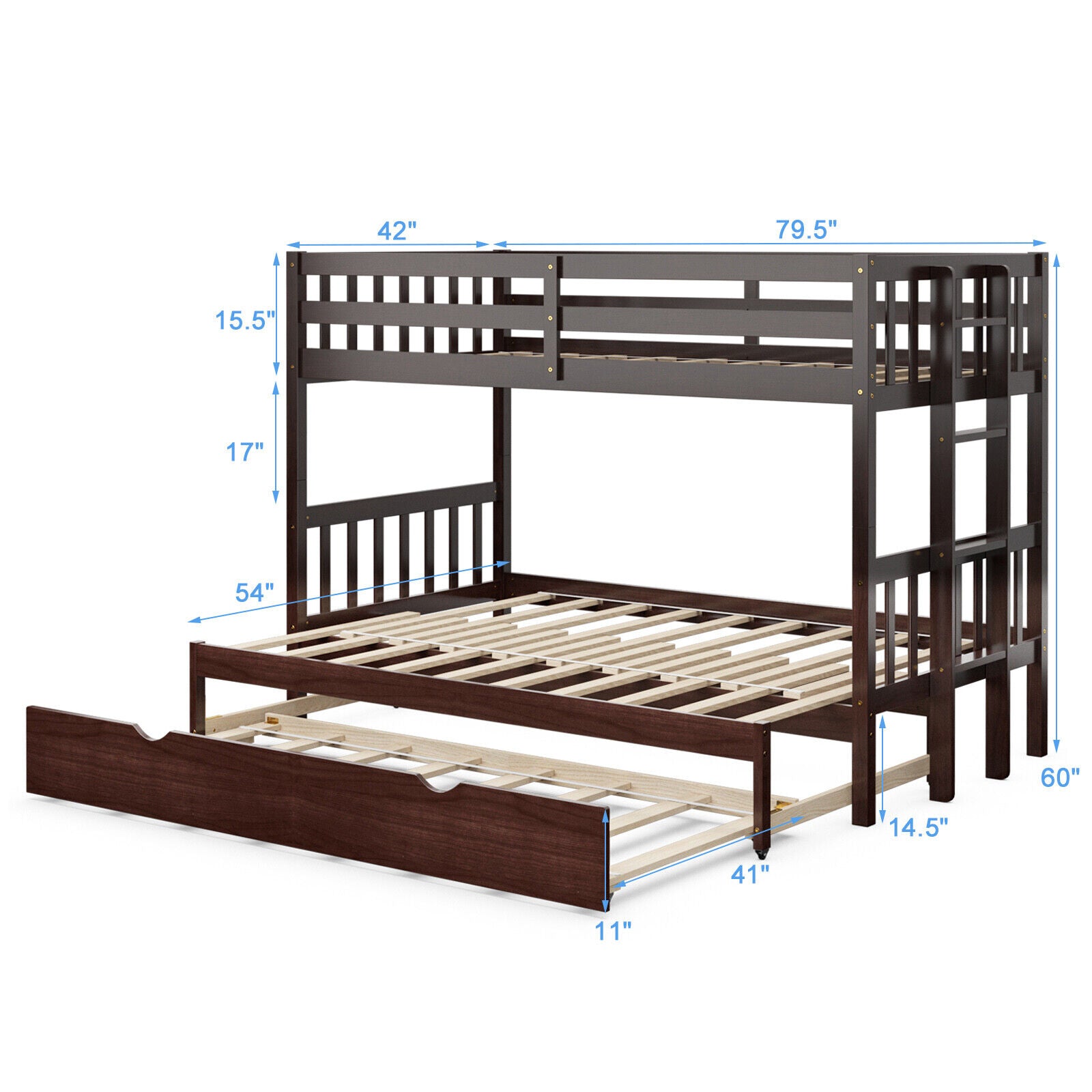 Twin Pull-Out Bunk Bed with Trundle Wooden Ladder-Dark Brown