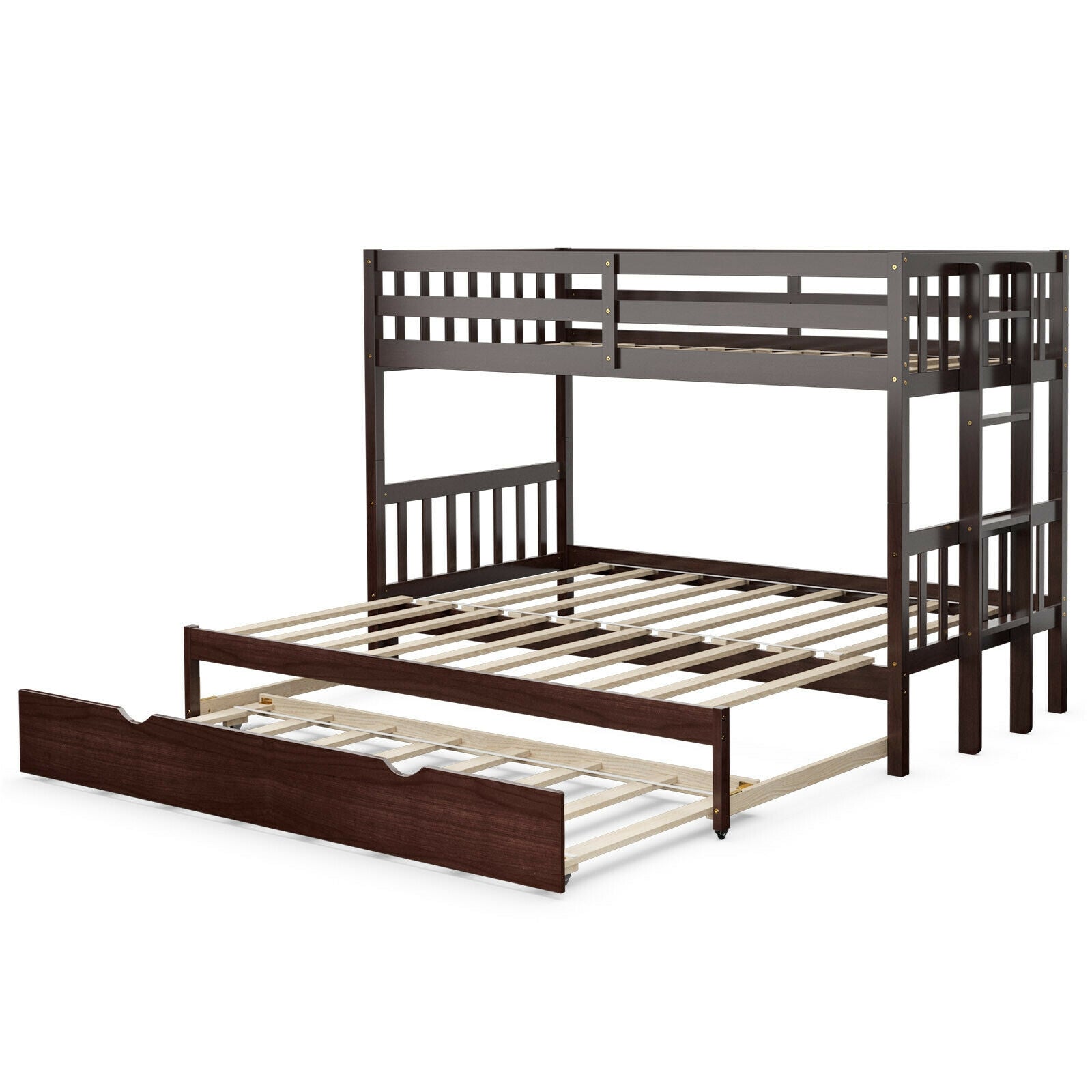 Twin Pull-Out Bunk Bed with Trundle Wooden Ladder-Dark Brown