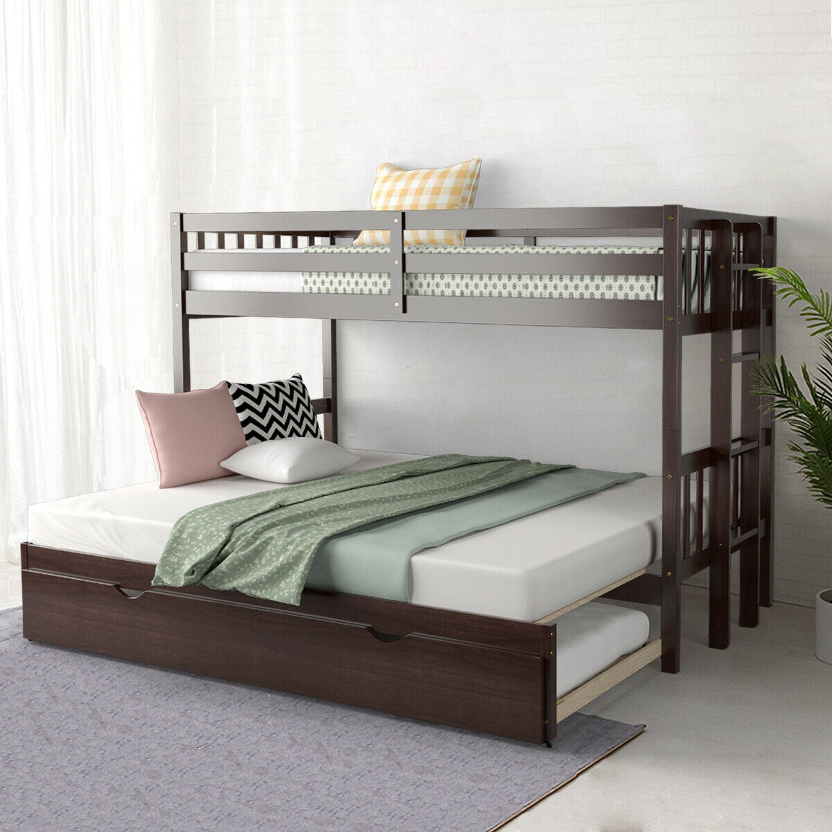 Twin Pull-Out Bunk Bed with Trundle Wooden Ladder-Dark Brown