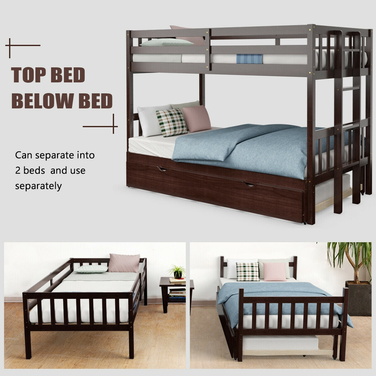 Twin Pull-Out Bunk Bed with Trundle Wooden Ladder-Dark Brown