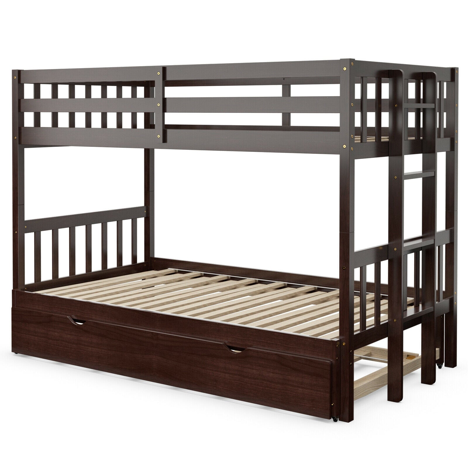 Twin Pull-Out Bunk Bed with Trundle Wooden Ladder-Dark Brown