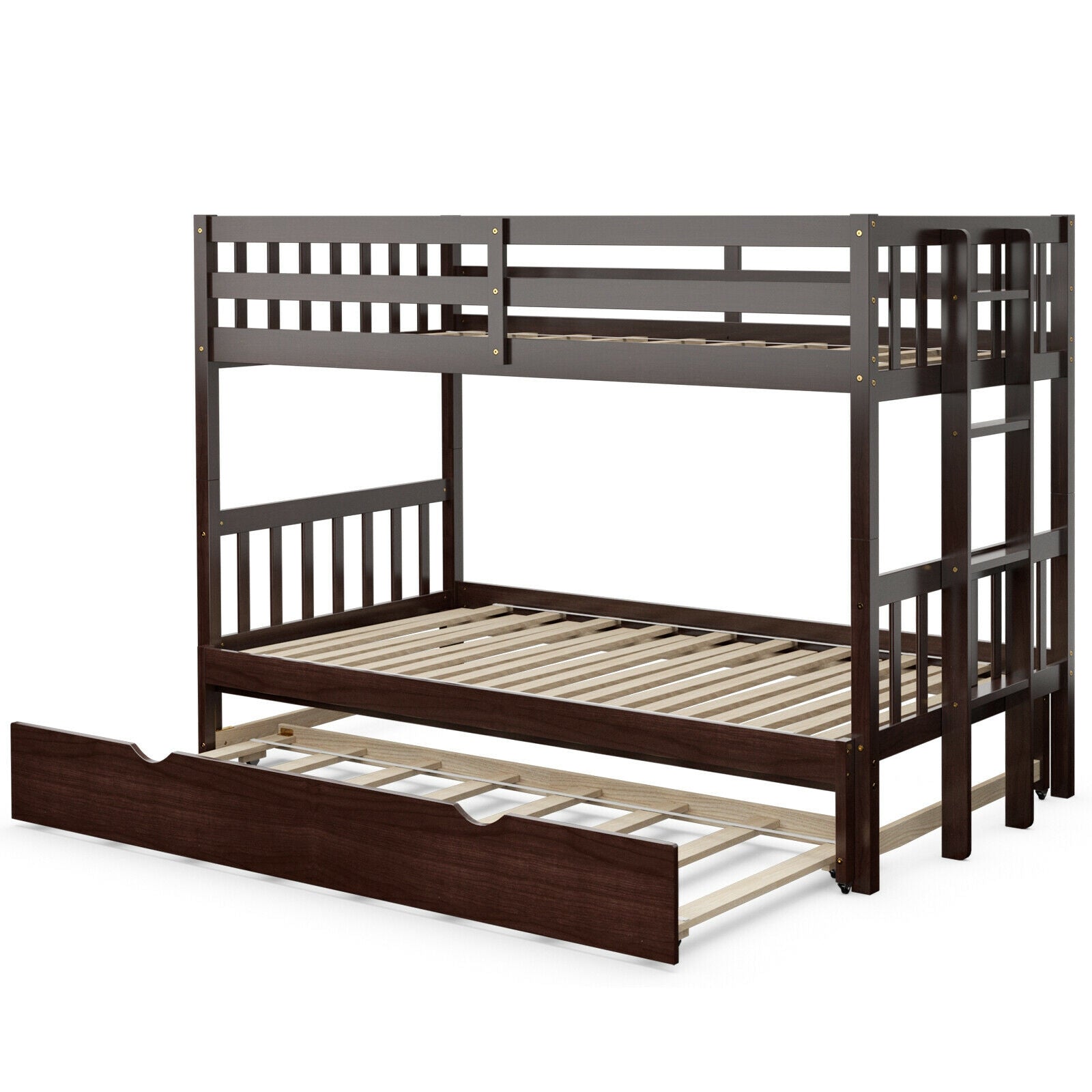 Twin Pull-Out Bunk Bed with Trundle Wooden Ladder-Dark Brown