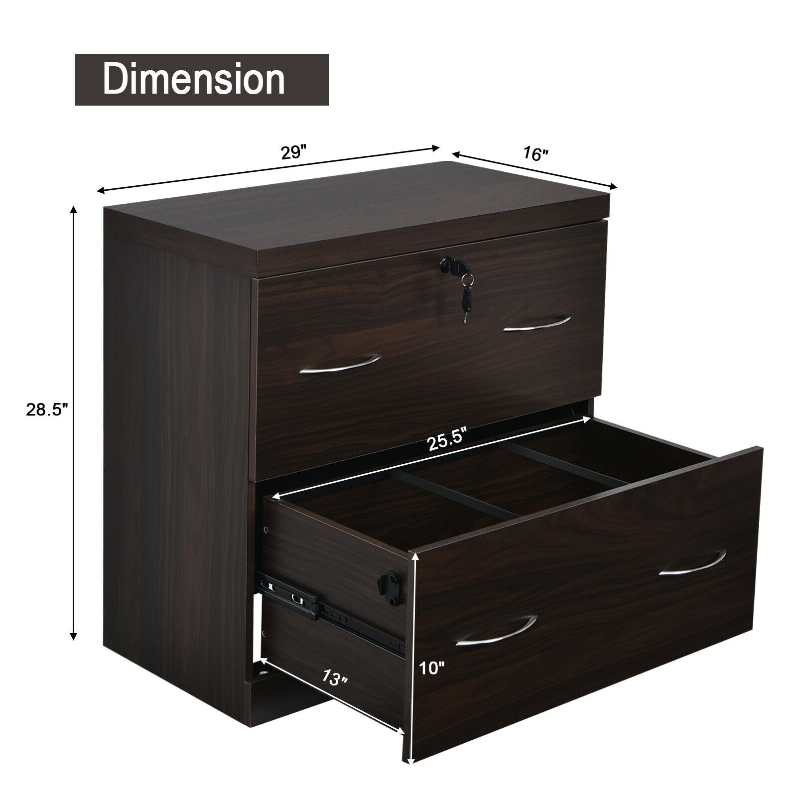 2-Drawer File Cabinet with Lock Hinging Bar Letter and Legal Size-Coffee