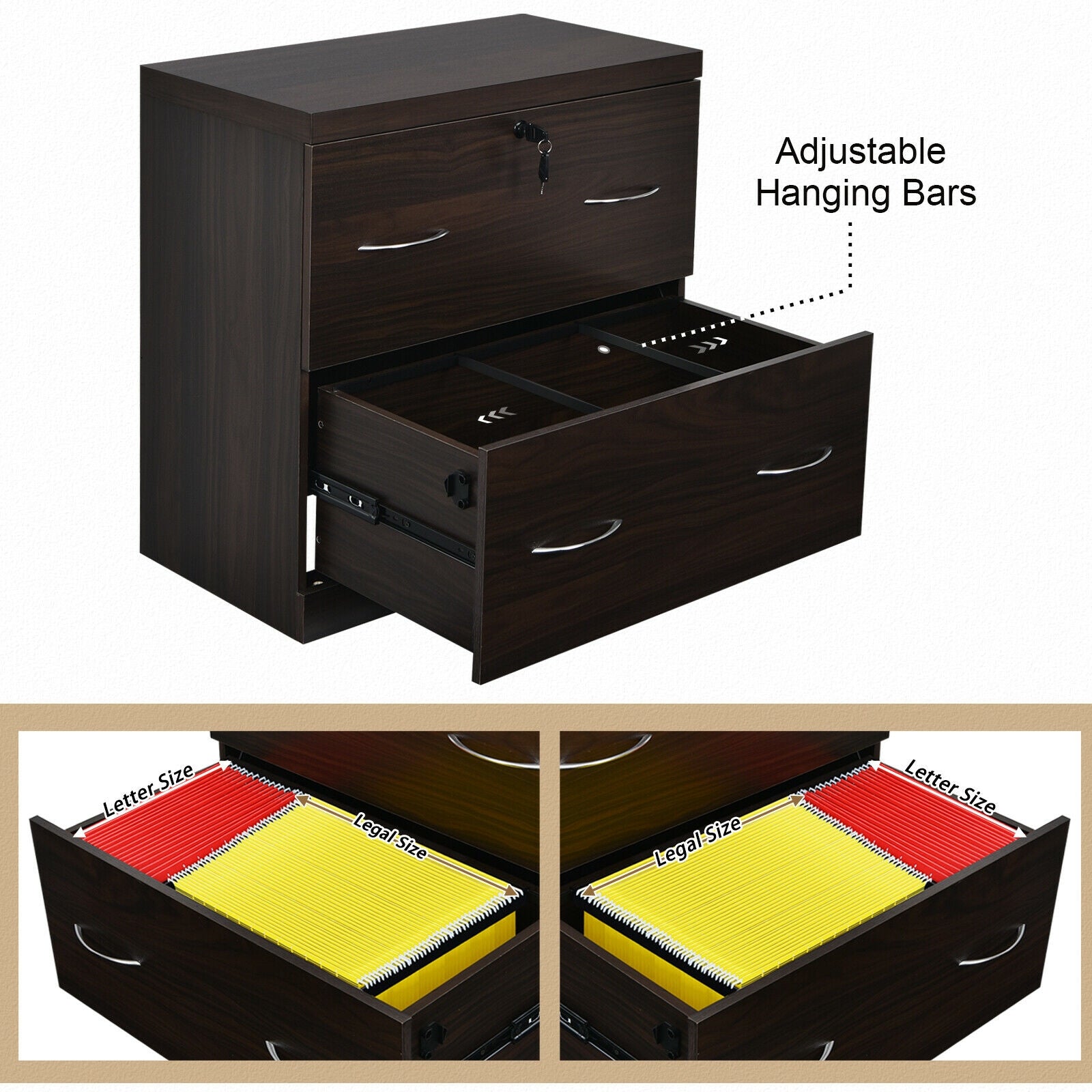 2-Drawer File Cabinet with Lock Hinging Bar Letter and Legal Size-Coffee