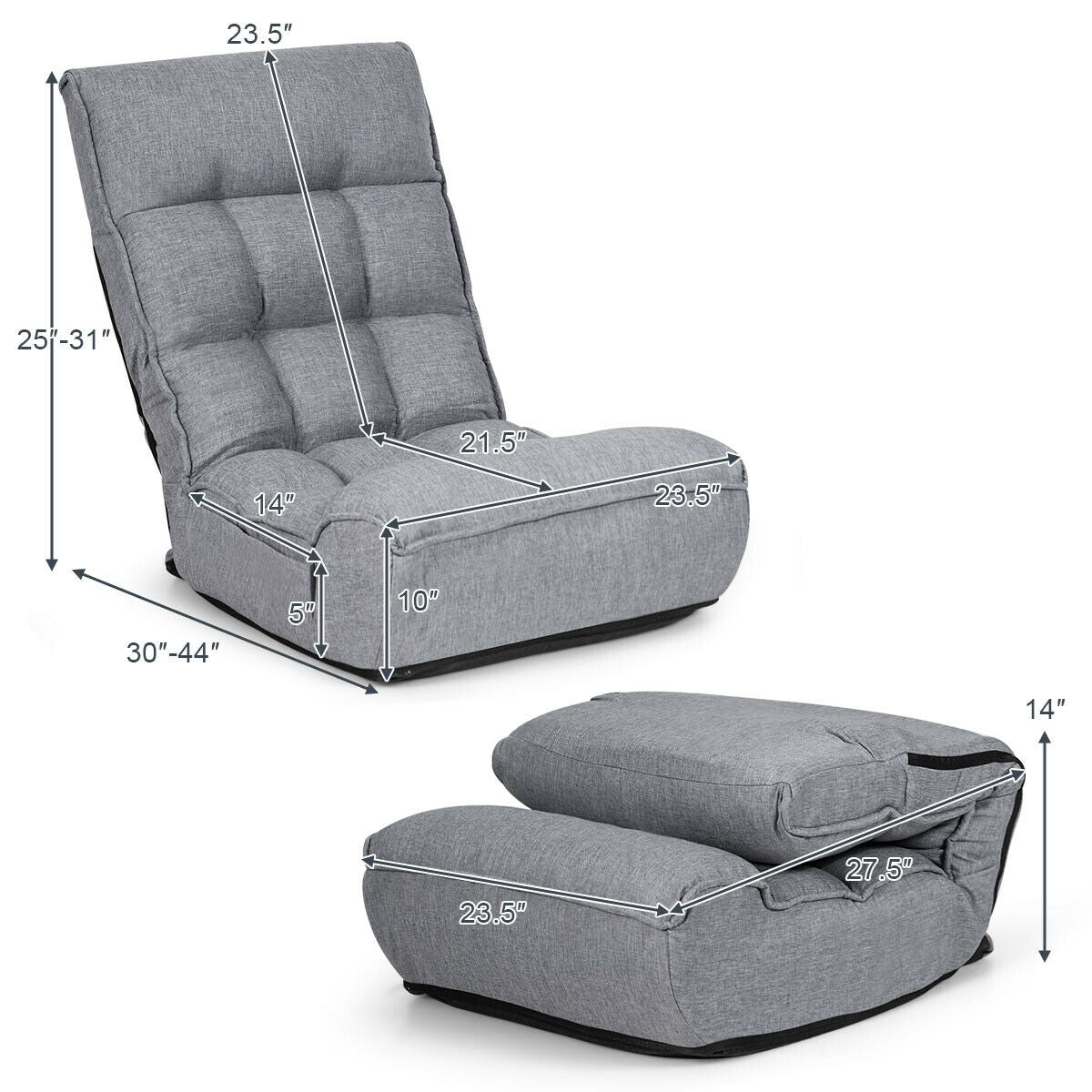 4-Position Adjustable Floor Chair Folding Lazy Sofa-Gray