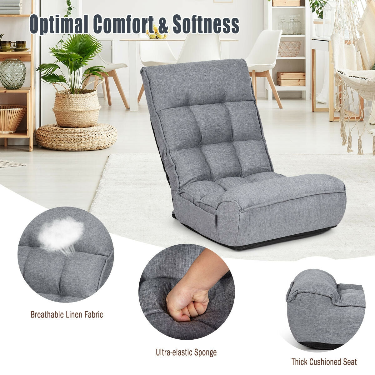 4-Position Adjustable Floor Chair Folding Lazy Sofa-Gray