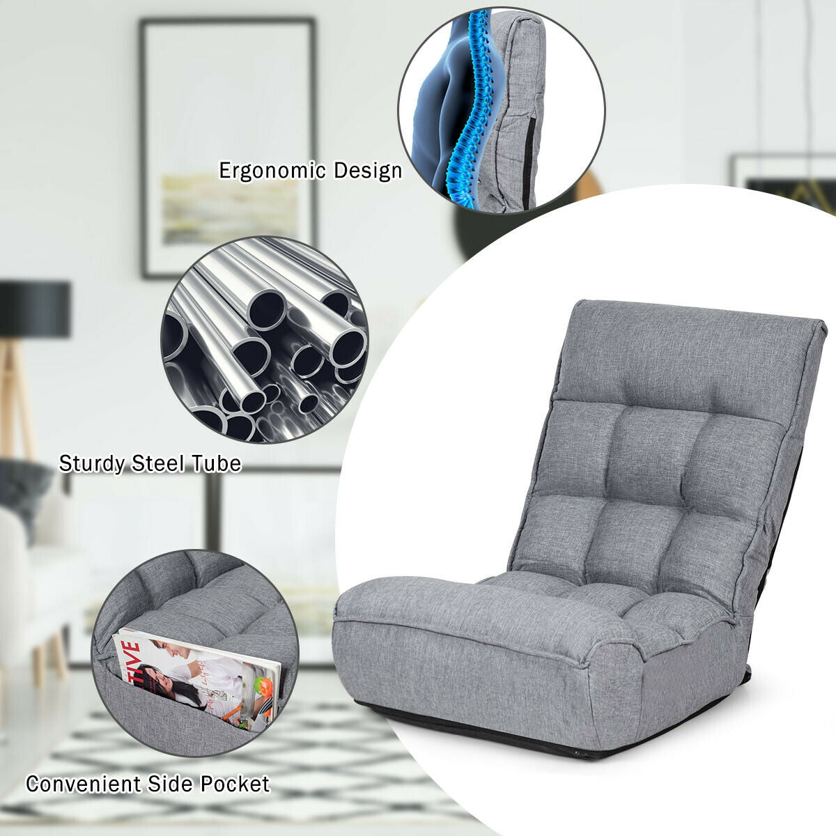 4-Position Adjustable Floor Chair Folding Lazy Sofa-Gray