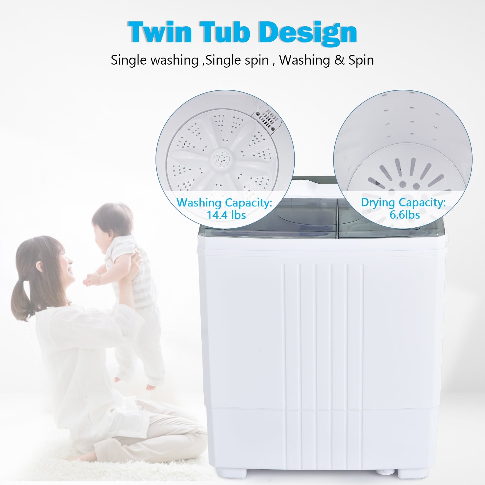 Twin Tub Portable Washing Machine with Timer Control and Drain Pump for Apartment-Gray