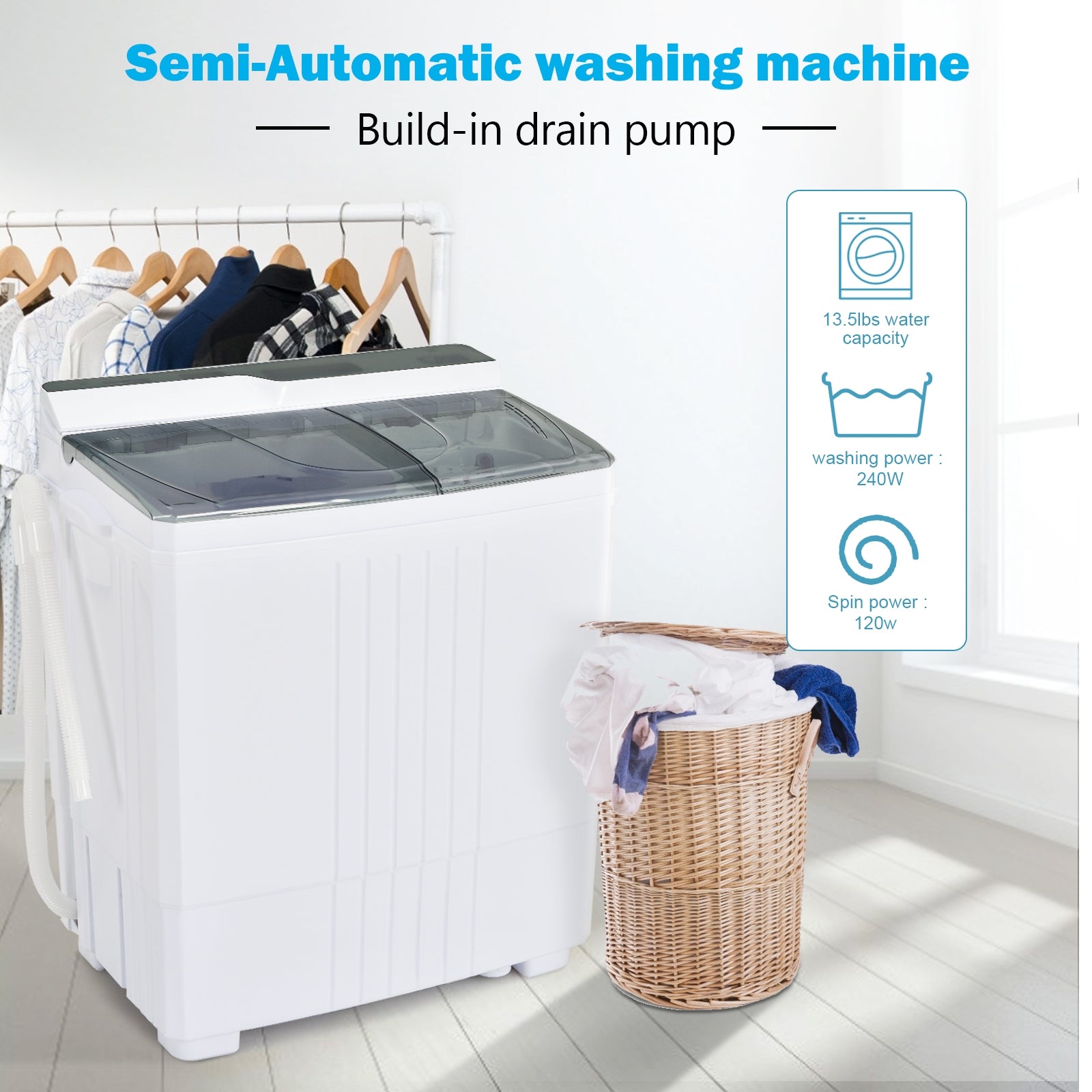 Twin Tub Portable Washing Machine with Timer Control and Drain Pump for Apartment-Gray