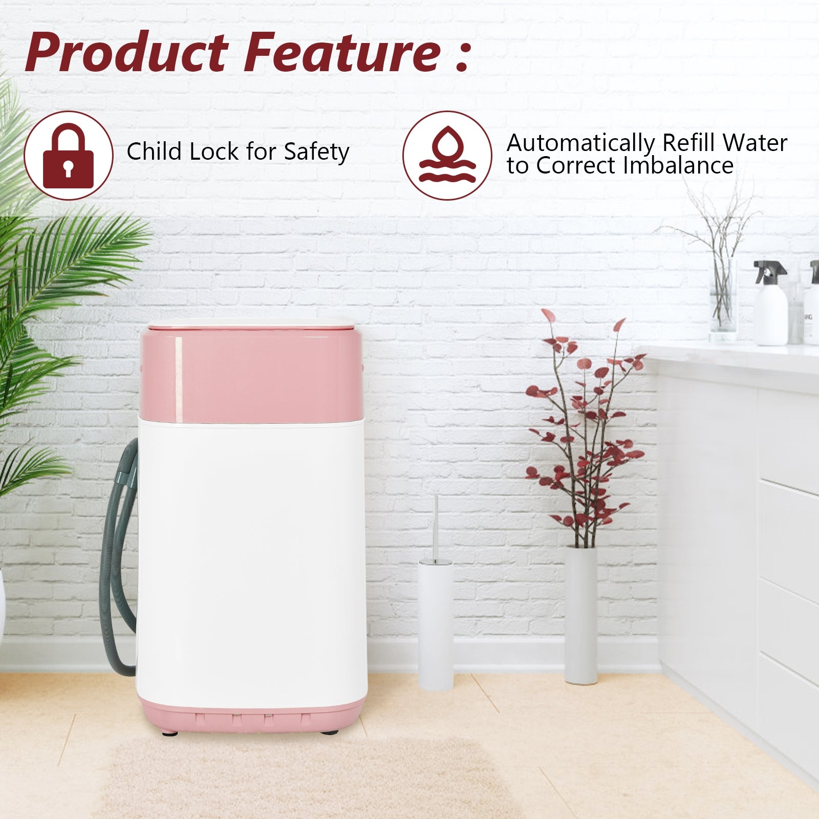 8lbs Portable Fully Automatic Washing Machine with Drain Pump-Pink