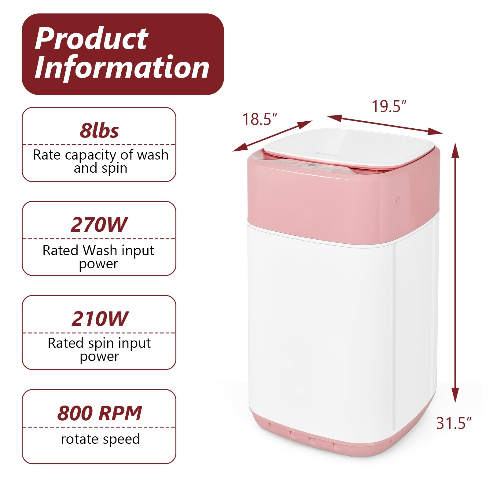 8lbs Portable Fully Automatic Washing Machine with Drain Pump-Pink