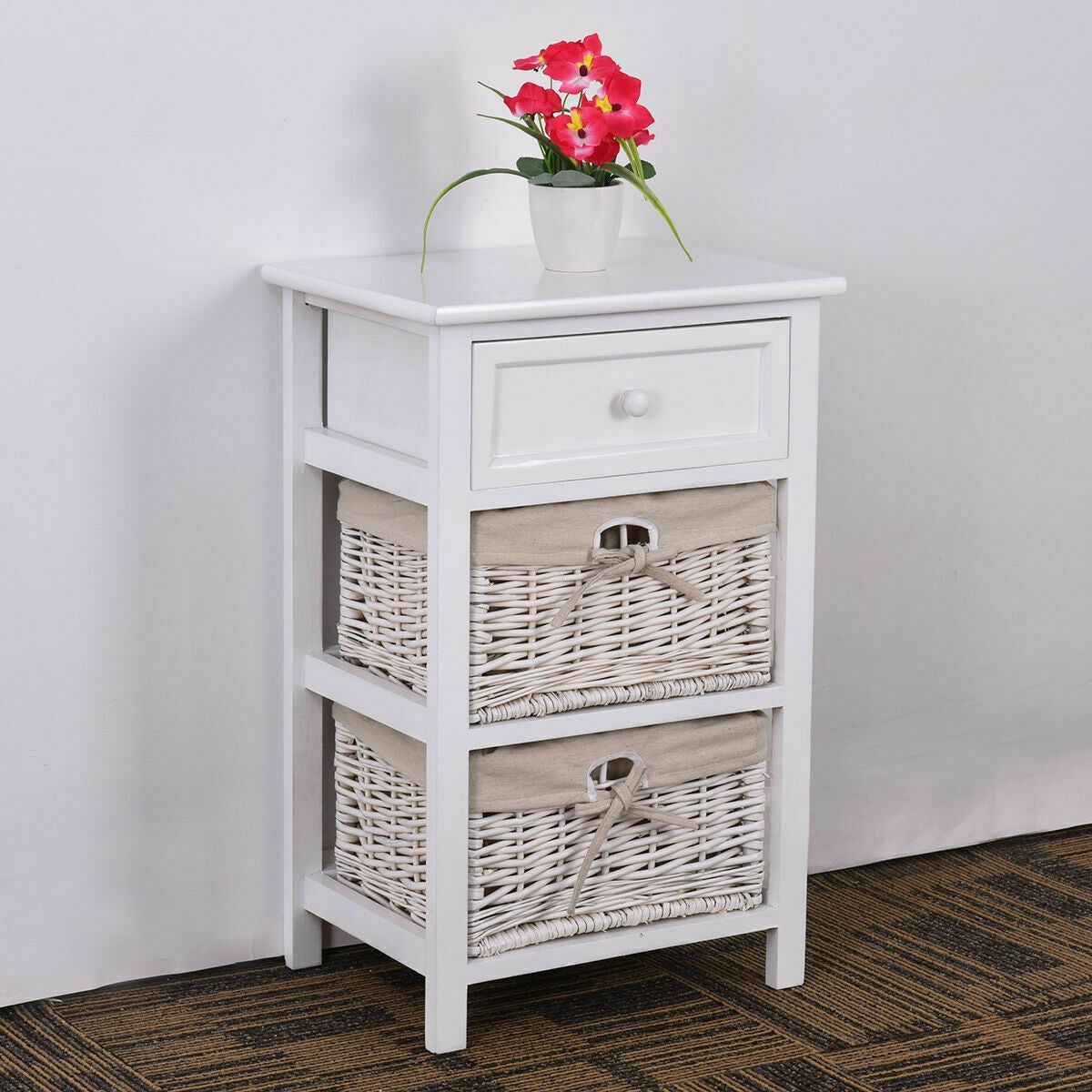 3 Tier Set of 2 Wood Nightstand with 1 and 2 Basket Drawer -White