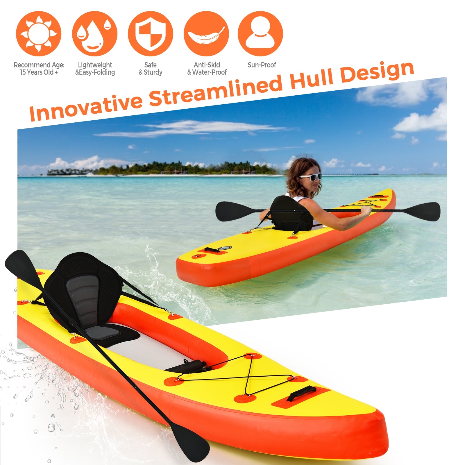 10.8 Feet Inflatable Kayak Set K1 1-Person Sit-On-Top Kayak with Oars-Yellow