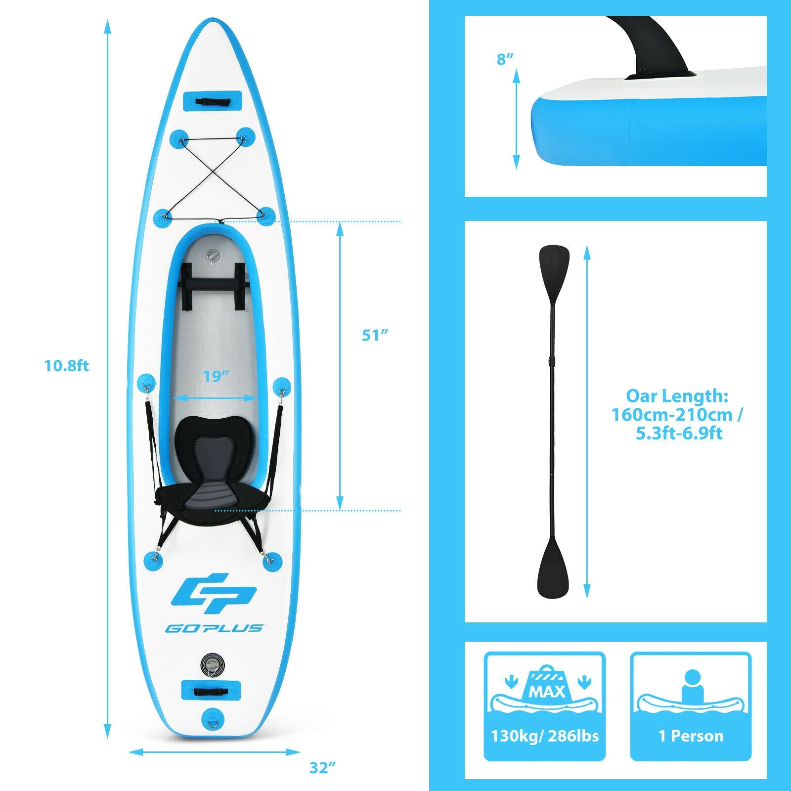 10.8 Feet Inflatable Kayak Set K1 1-Person Sit-On-Top Kayak with Oars-Blue