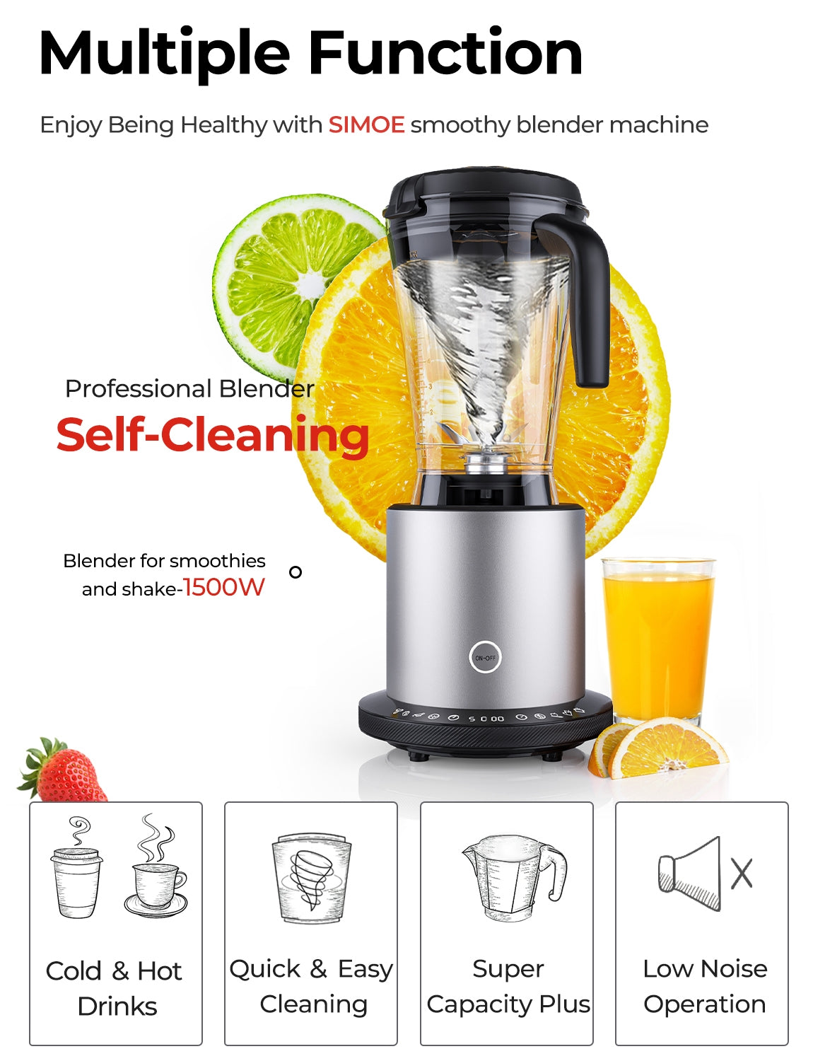 1500W Smoothie Maker High Power Blender with 10 Speeds