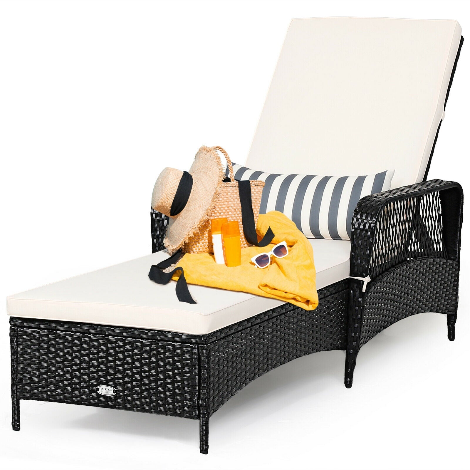 PE Rattan Armrest Chaise Lounge Chair with Adjustable Pillow