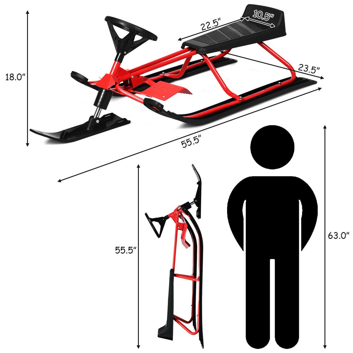 55.5 x 23.5 Inch Snow Sled with Steering Wheel and Double Brakes Pull Rope Slider