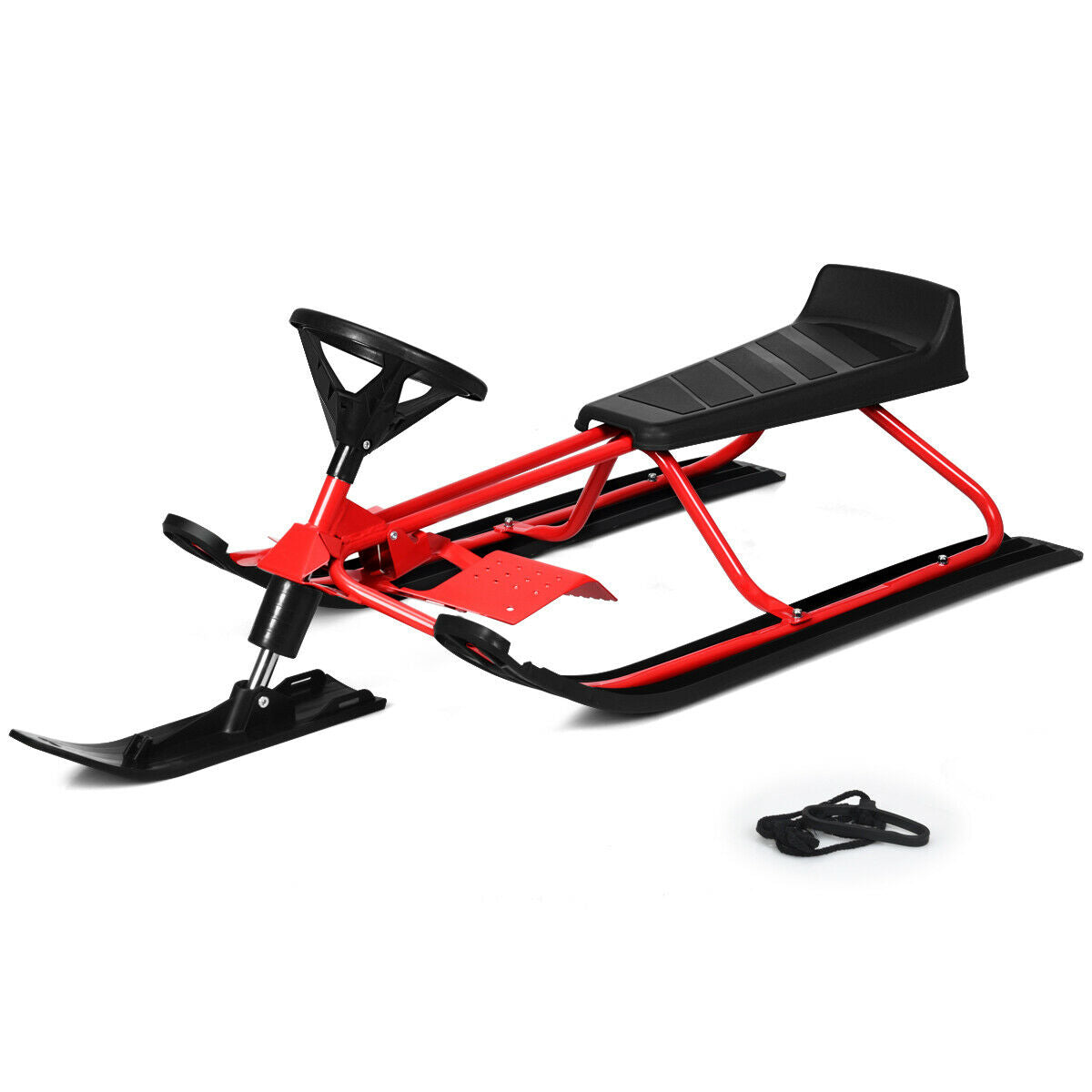 55.5 x 23.5 Inch Snow Sled with Steering Wheel and Double Brakes Pull Rope Slider