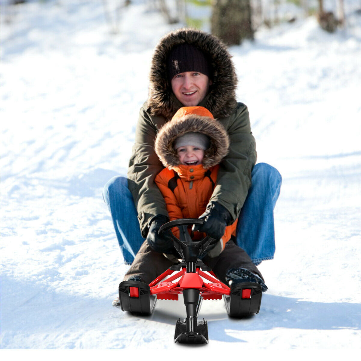 55.5 x 23.5 Inch Snow Sled with Steering Wheel and Double Brakes Pull Rope Slider