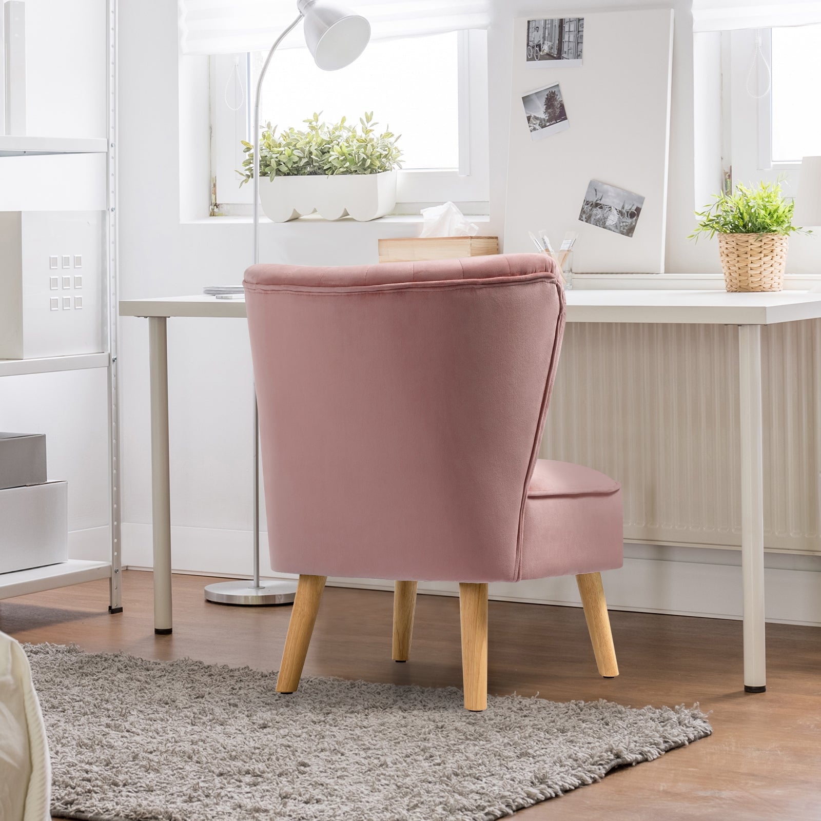 Modern Armless Velvet Accent Chair with Wood Legs-Pink