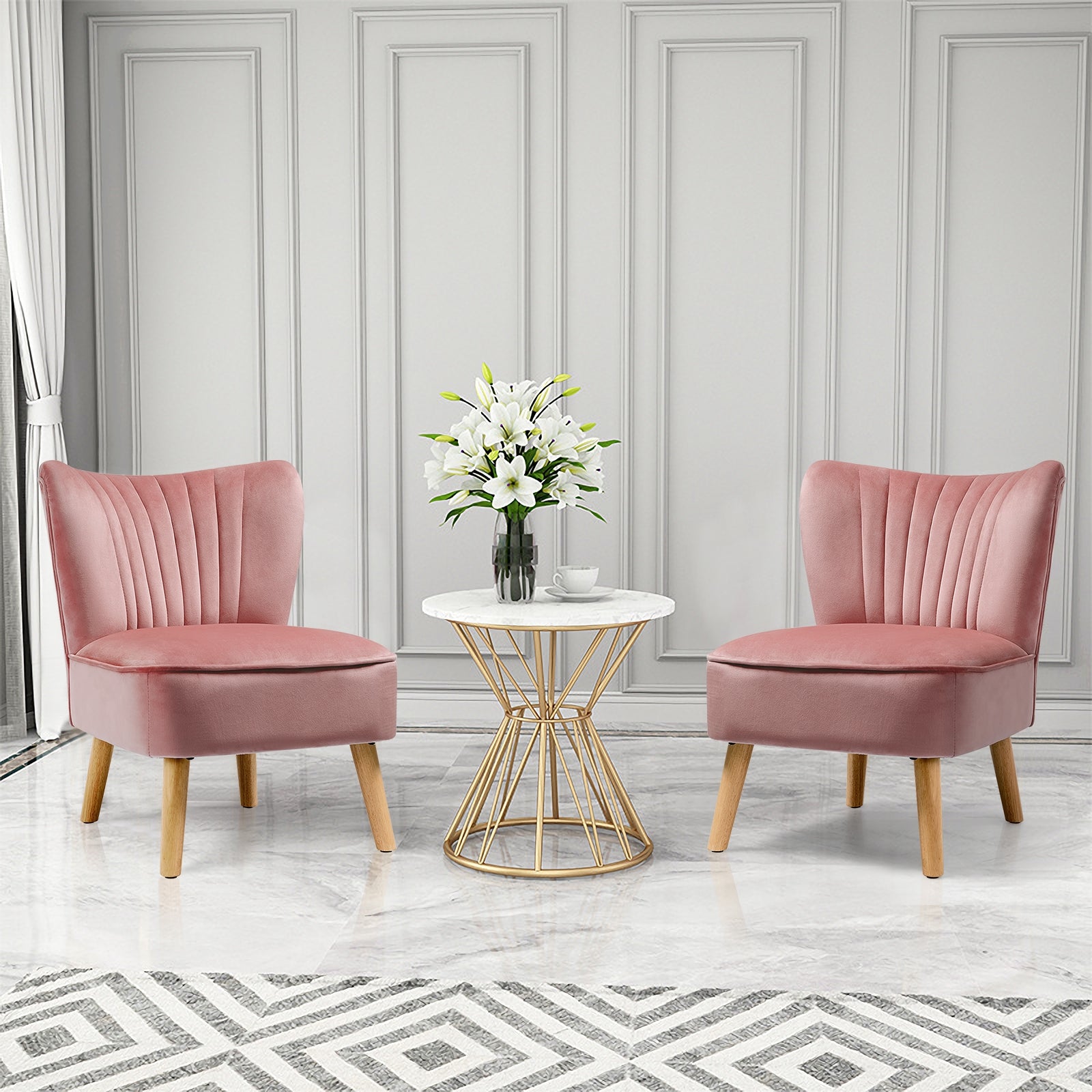 Modern Armless Velvet Accent Chair with Wood Legs-Pink