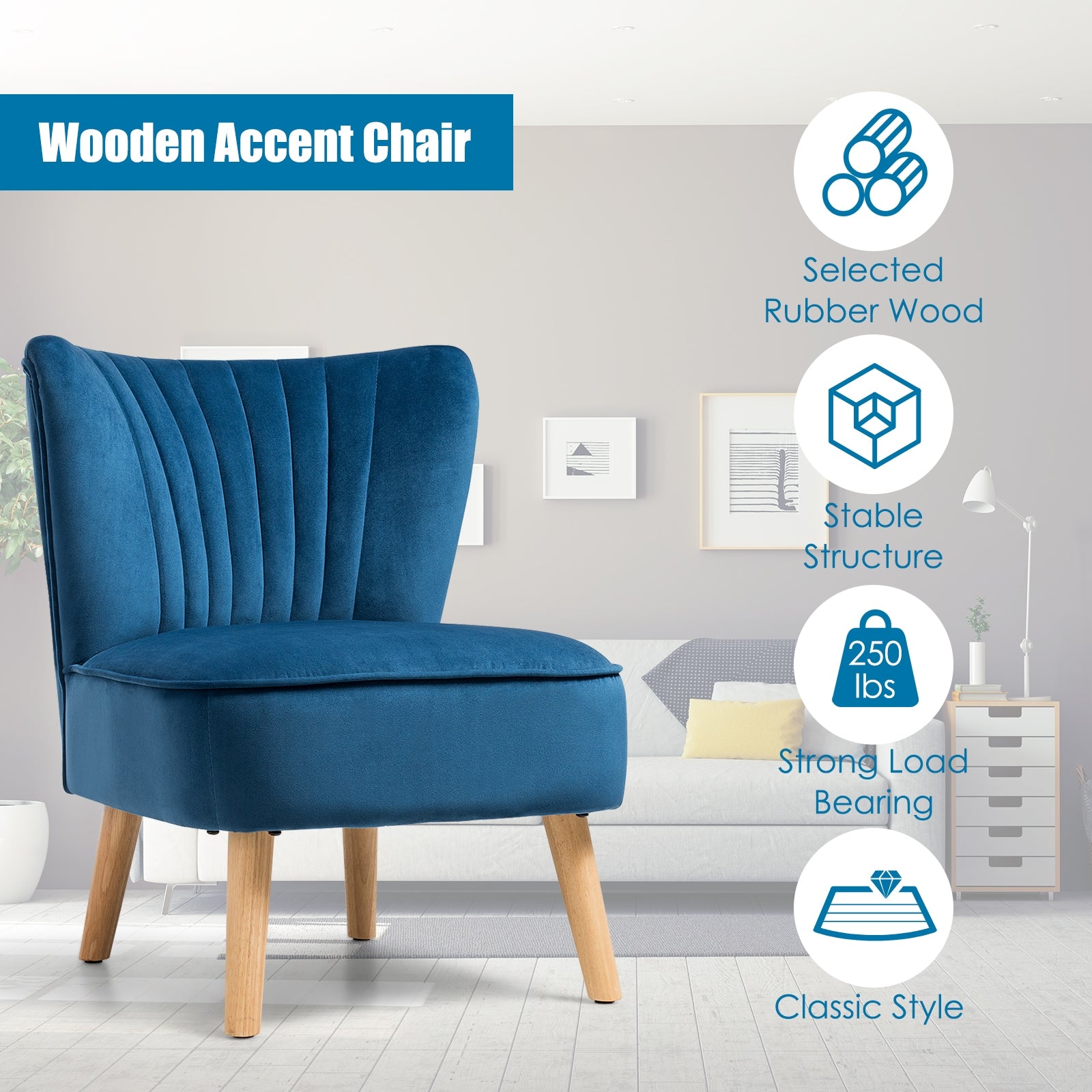 Modern Armless Velvet Accent Chair with Wood Legs-Blue