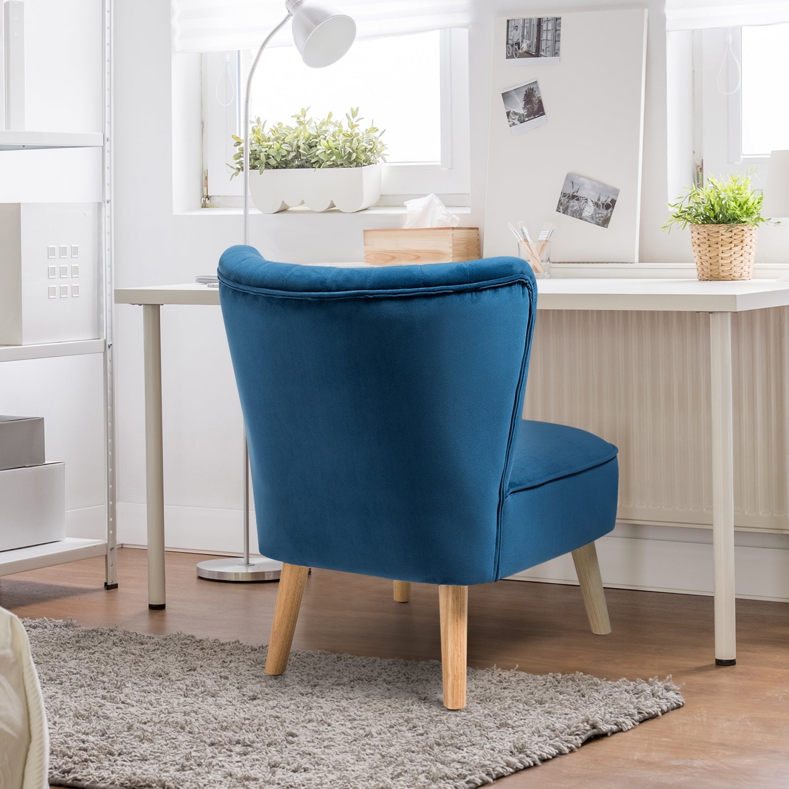 Modern Armless Velvet Accent Chair with Wood Legs-Blue