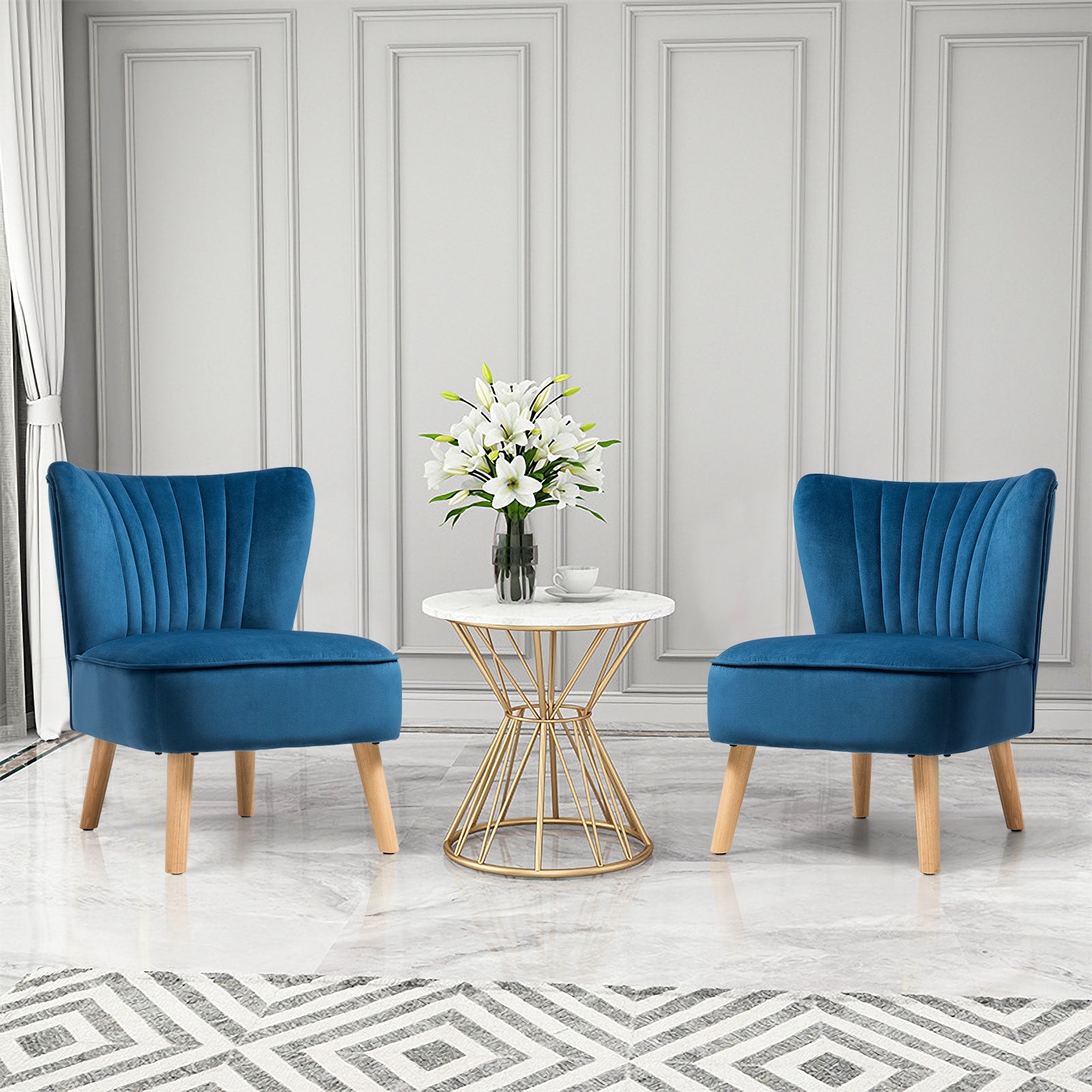 Modern Armless Velvet Accent Chair with Wood Legs-Blue