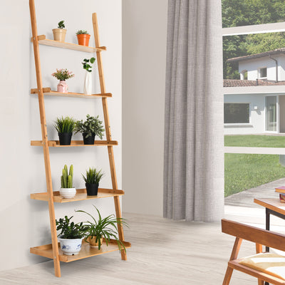 5-Tier Ladder Shelf Bamboo Bookshelf Wall-Leaning Storage Display Plant Stand-NaturalÂ 