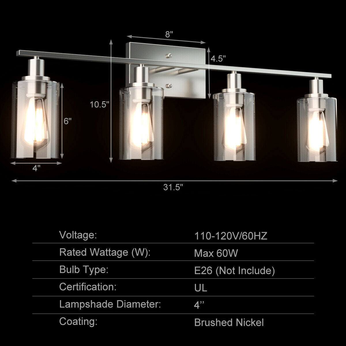 4-Light Wall Sconce with Clear Glass Shade-Sliver