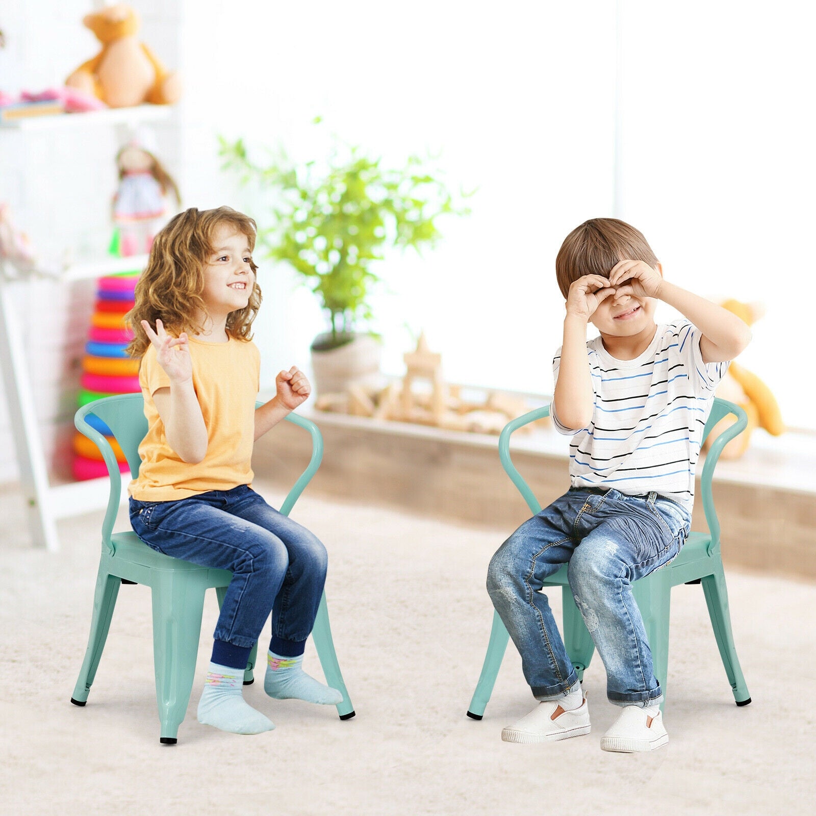 Set of 2 Steel Armchair Stackable Kids Chairs-Green