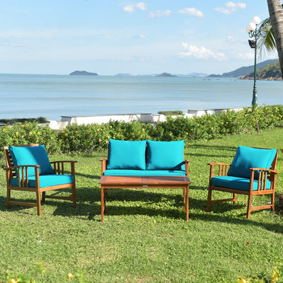 4 Pieces Wooden Patio Furniture Set Table Sofa Chair Cushioned GardenÂ 