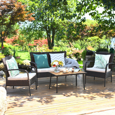 4 Pieces Patio Cushioned Wicker Conversation Set with Acacia Wood TabletopÂ 