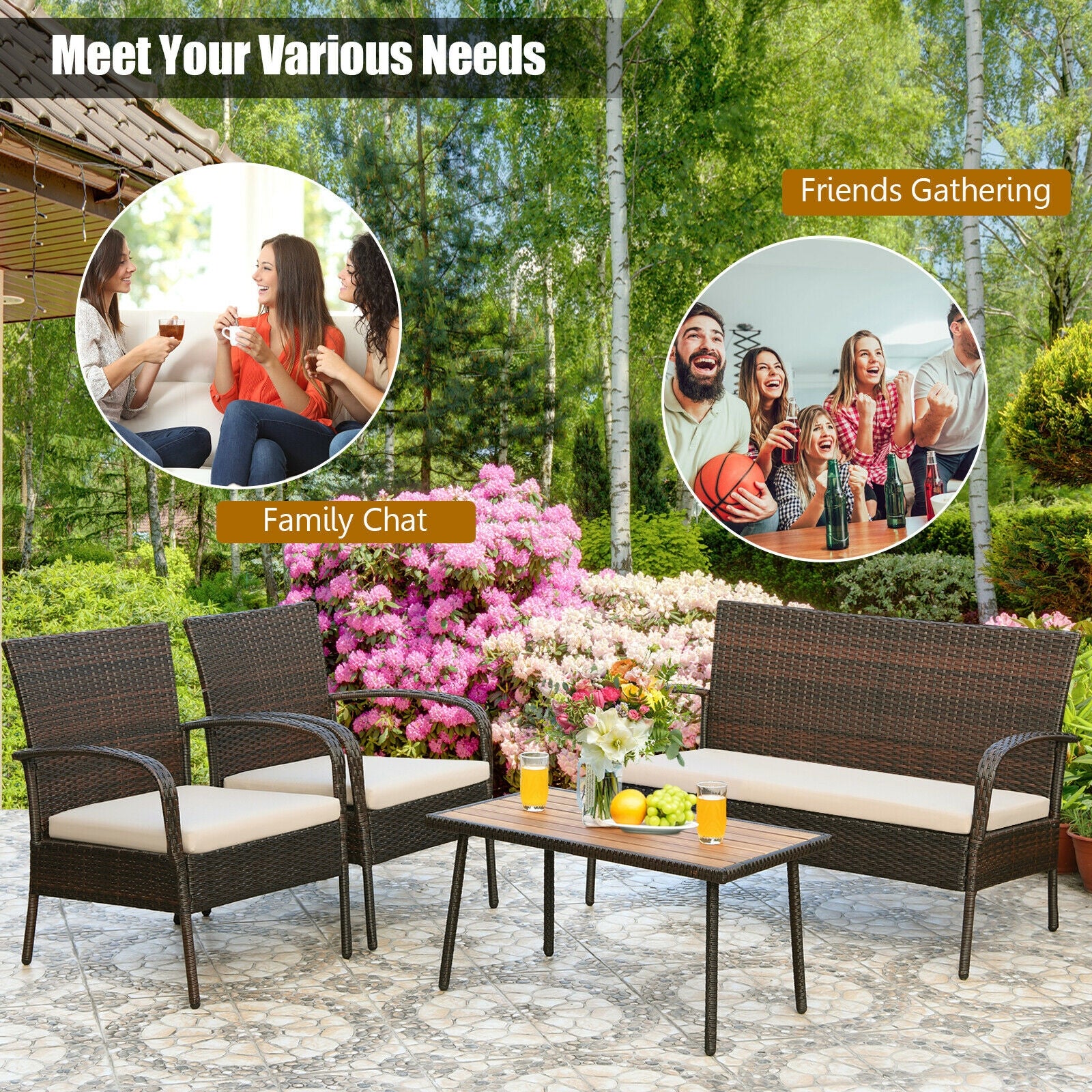 4 Pieces Patio Cushioned Wicker Conversation Set with Acacia Wood Tabletop