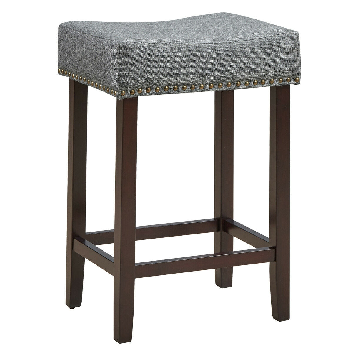 2 Pieces Nailhead Saddle Bar Stools with Fabric Seat and Wood Legs-Gray