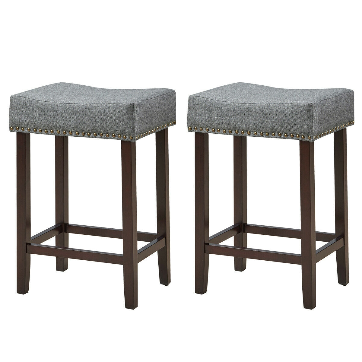 2 Pieces Nailhead Saddle Bar Stools with Fabric Seat and Wood Legs-Gray