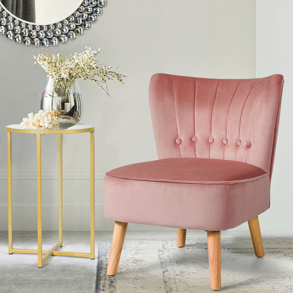 Armless Accent Chair Tufted Velvet Leisure Chair-Pink