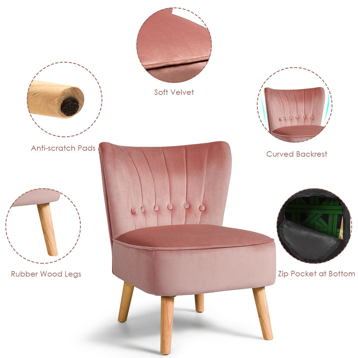 Armless Accent Chair Tufted Velvet Leisure Chair-Pink