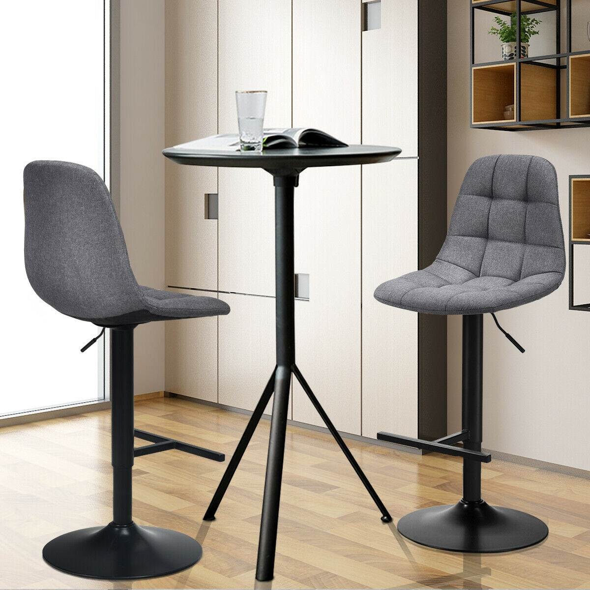 2 Pieces Adjustable Bar Stools Swivel Counter Height Linen Chairs-Gray