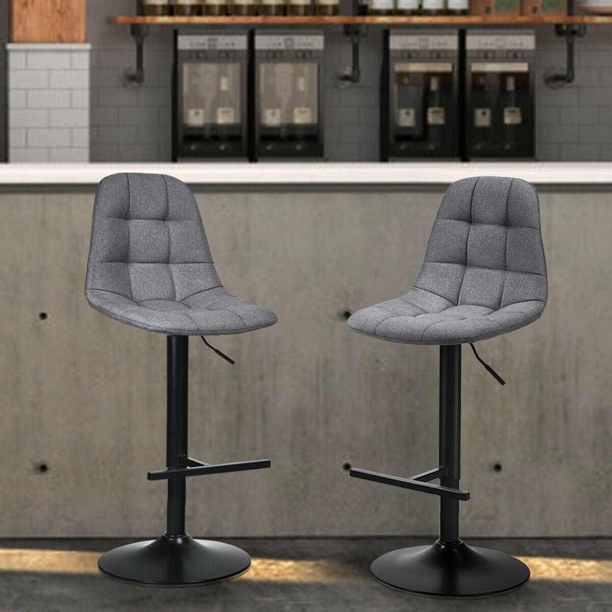 2 Pieces Adjustable Bar Stools Swivel Counter Height Linen Chairs-Gray