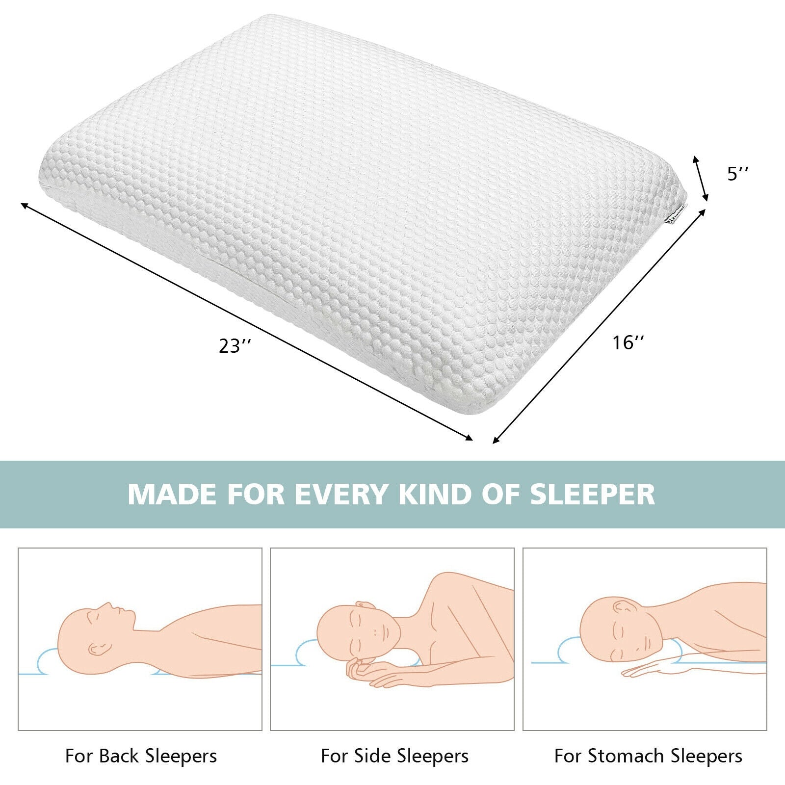 Memory Foam Pillow with Zippered Washable Cover for Back Side Sleepers