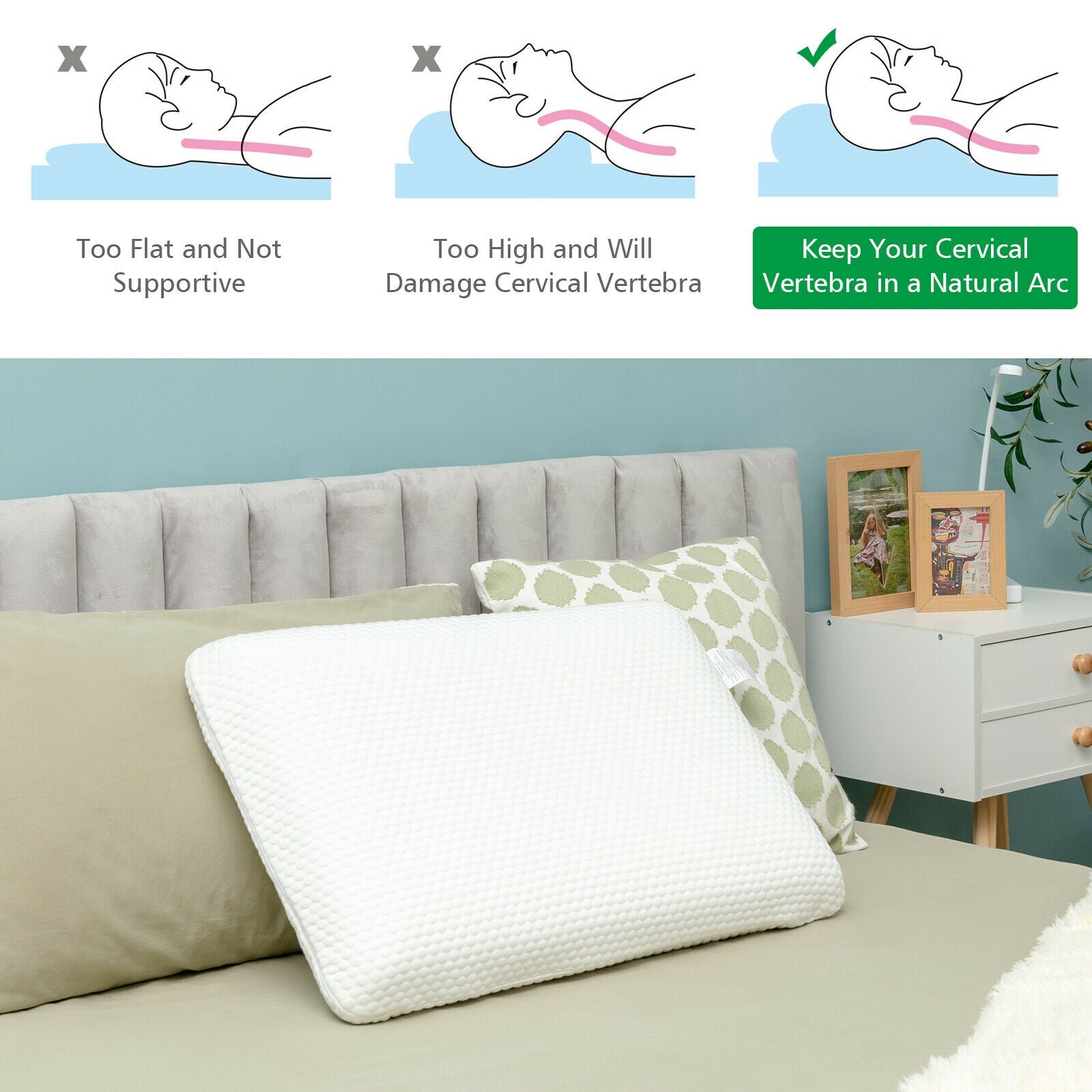 Memory Foam Pillow with Zippered Washable Cover for Back Side Sleepers