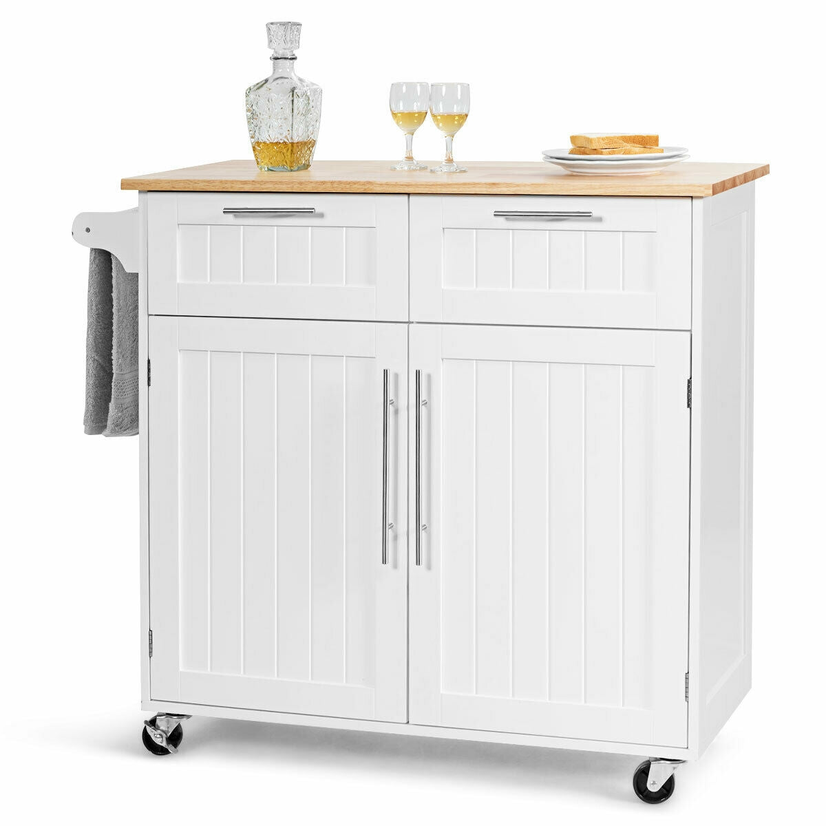 Heavy Duty Rolling Kitchen Cart with Tower Holder and Drawer-White