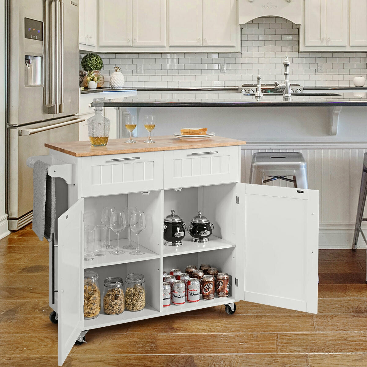 Heavy Duty Rolling Kitchen Cart with Tower Holder and Drawer-White