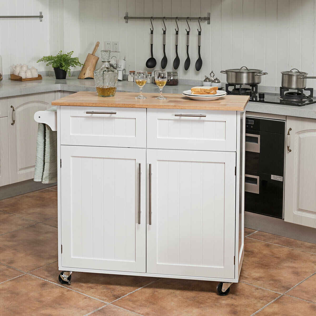 Heavy Duty Rolling Kitchen Cart with Tower Holder and Drawer-White