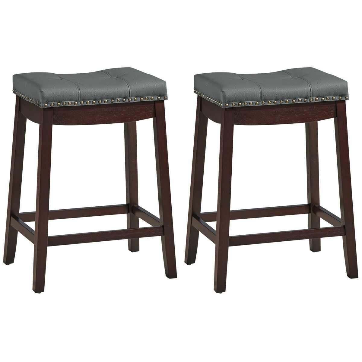 Set of 2 Nailhead Saddle Bar Stools-Brown